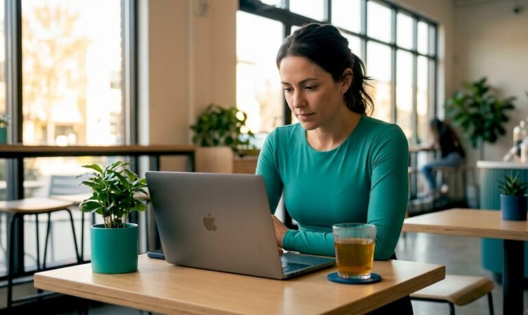 Woman browsing cannabis flash sale at kitchen table