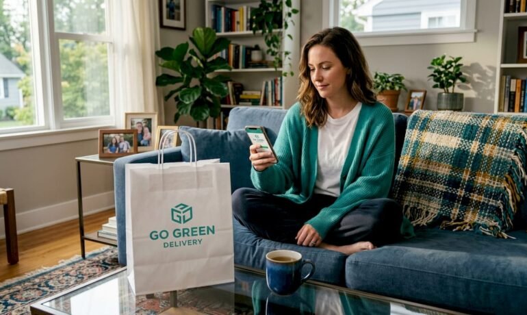 Woman checks phone near cannabis delivery bag