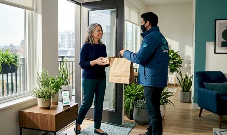 Woman receiving cannabis delivery at home