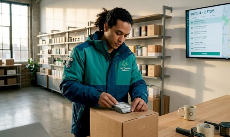 Cannabis delivery driver preparing order in fulfillment room